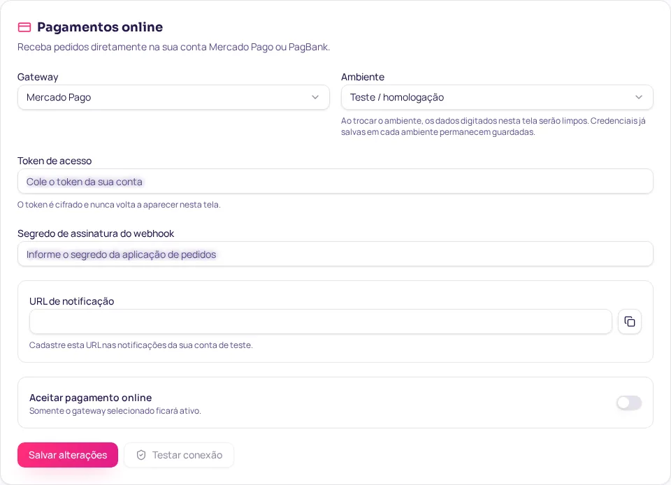 Configuração de pagamentos online no painel Lojiz sem exibir credenciais